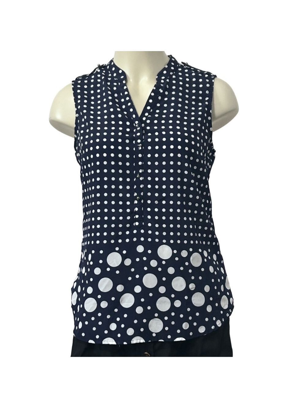 Women's New York & Company Navy White Polka Dot Sleeveless Blouse S